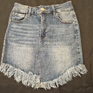 Denim Fringe Hem Skirt - Blue